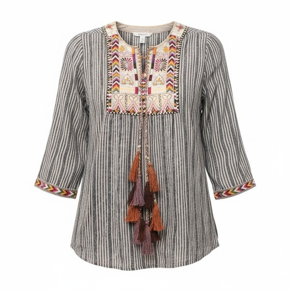 Brandon Thomas Women Blouse Embroidered Tassel Cotton Rayon Boho Casual Large